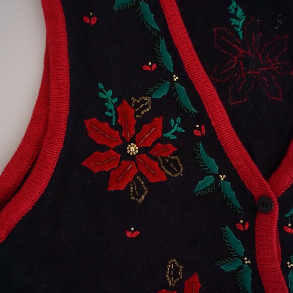 Vintage Bobbie Brooks Black Red Poinsettia Floral Holiday Embroidered Vest L - Picture 7 of 9